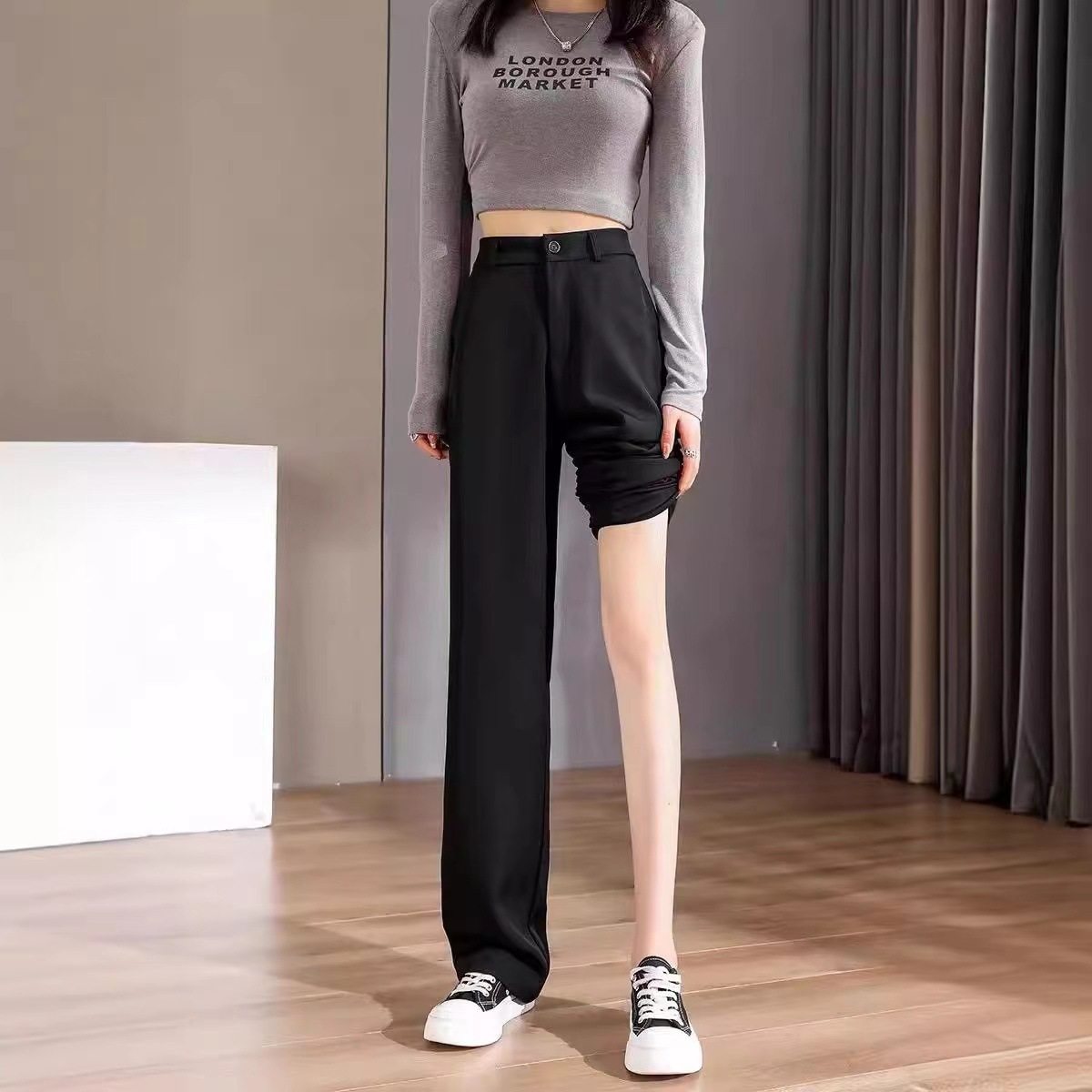 黑色窄版阔腿裤女2025新款春秋款小个子直筒西装裤高级感垂感裤子,女装/女士精品,大码裤装,淘宝优惠券,粉丝福利购,淘宝优惠卷