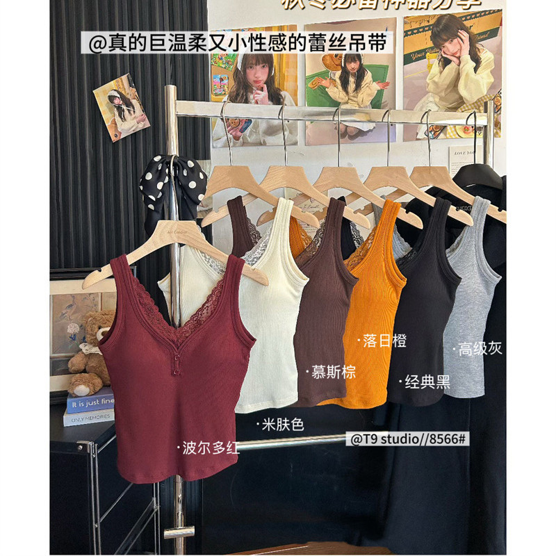 美式辣妹V领蕾丝吊带背心女早秋新款带胸垫修身内搭打底外穿上衣
