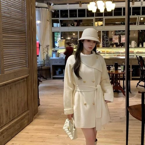 2025新款千金风双排扣双面羊毛毛呢外套女秋冬系带宽松短款大衣