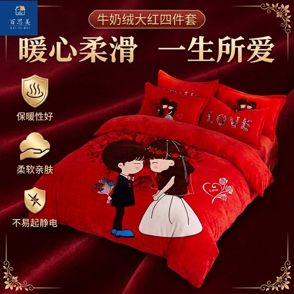 新款大版情侣款牛奶绒四件套时尚喜庆红色保暖毛绒双人床上套件