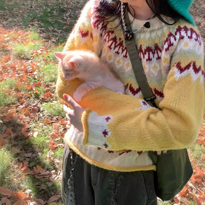 现货费尔岛圣诞复古针织钩花毛衣女温暖撞色袖口卷边圆领套头