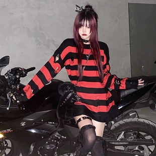 Sub Era次时代/朋克摇滚风套头黑红纹宽松长款破洞流苏毛衣针织衫