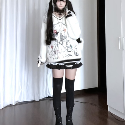 次时代/动漫印花可爱软乎乎宅系猫咪印花连帽卫衣女宽松显瘦毛衣