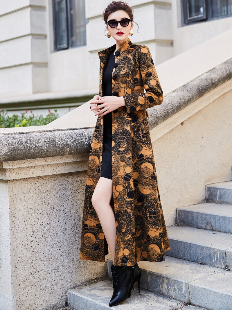 2023春季新款印花韩版复古立领毛呢外套修身长款羊绒大衣女过膝