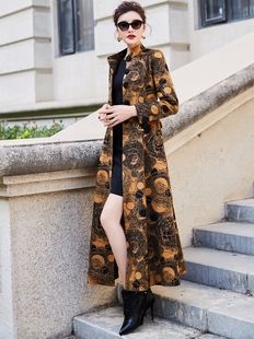 长款 2023春季 复古立领毛呢外套修身 印花韩版 羊绒大衣女过膝 新款