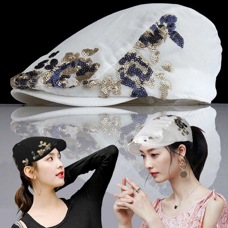 贝雷帽夏女时尚薄款网纱白色鸭舌帽女韩版亮片百搭新款潮chic帽子