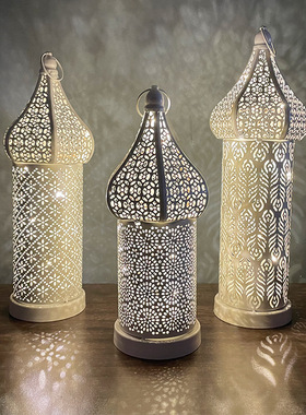 新摩洛哥白色镂空led风灯铁艺灯笼家居卧室客厅气氛围装饰灯摆件