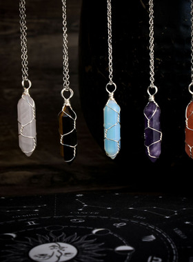 绕丝六角柱水晶灵摆绕线子弹头吊坠项链饰品钟摆仪式紫晶链外贸