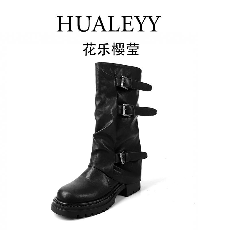 HUALEYY 4.5CM/34-40/牛皮+弹力莱卡/厚底裤管靴时尚皮带扣长靴