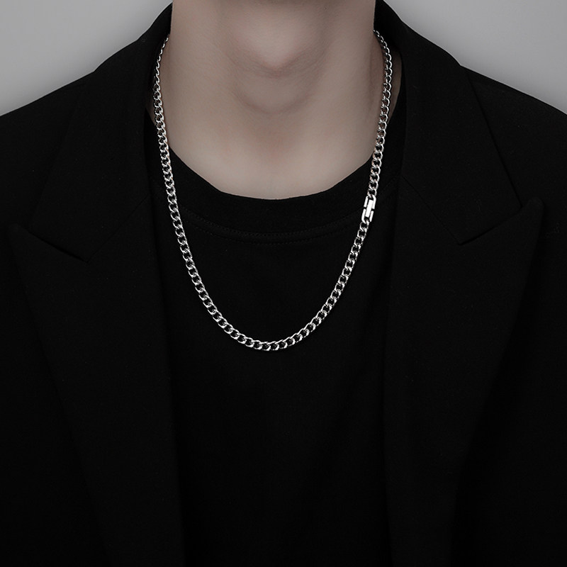 古巴链项链男生新款潮牌百搭高级感简约银色钛钢毛衣链子男士项链