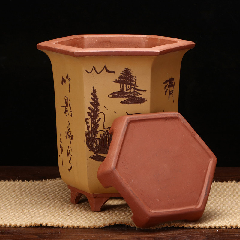 紫砂兰花盆专用盆大号六方手工刻绘蝴蝶兰君子兰蕙兰家用简约包邮