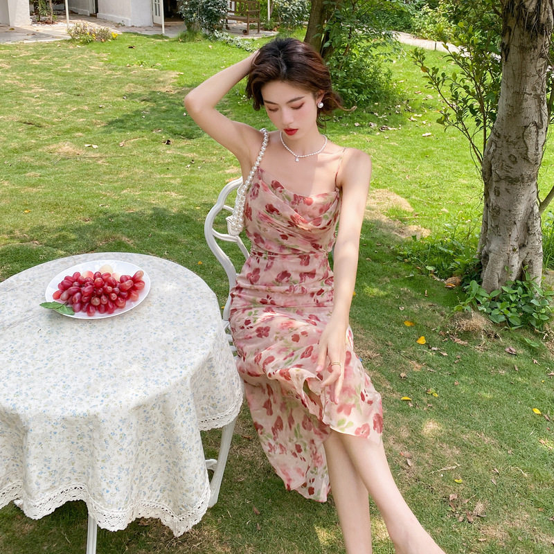 粉色吊带碎花雪纺连衣裙女中长款裙子性感长裙