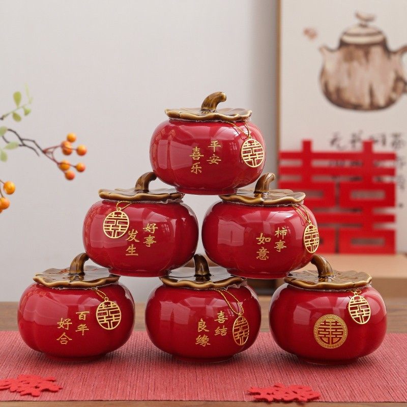 喜糖盒柿子糖罐结婚一对陶瓷罐订婚桌面摆件送朋友伴手礼节日礼品