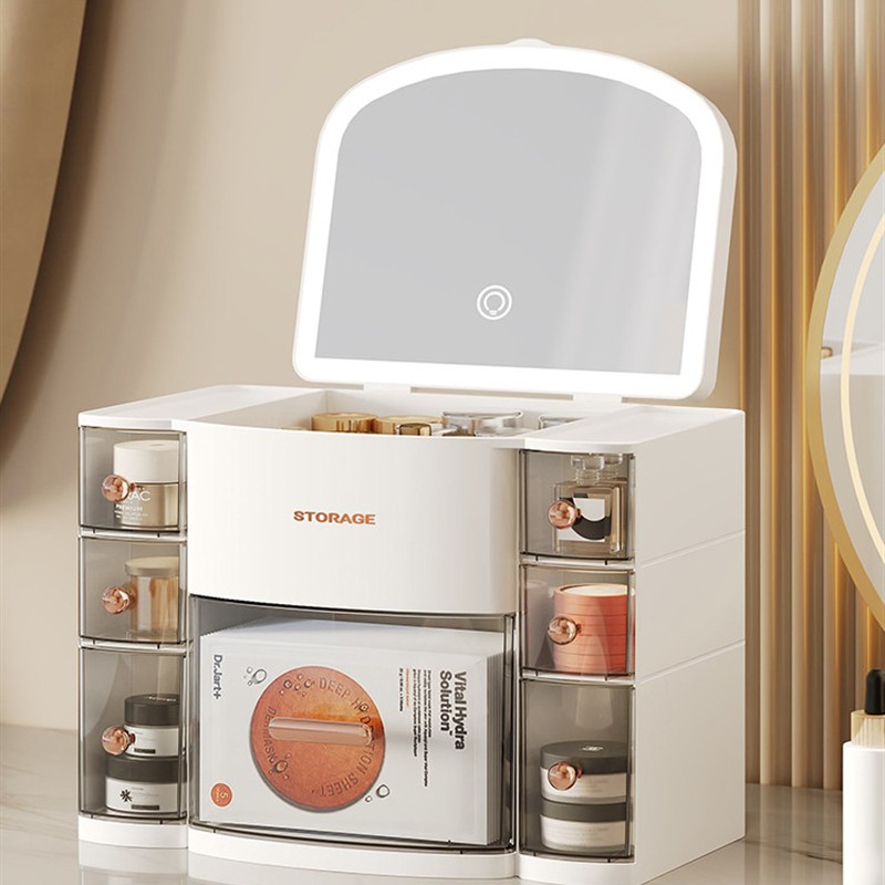 化妆品收纳盒带灯高级感梳妆台桌面储物盒大容量口红护肤品置物架