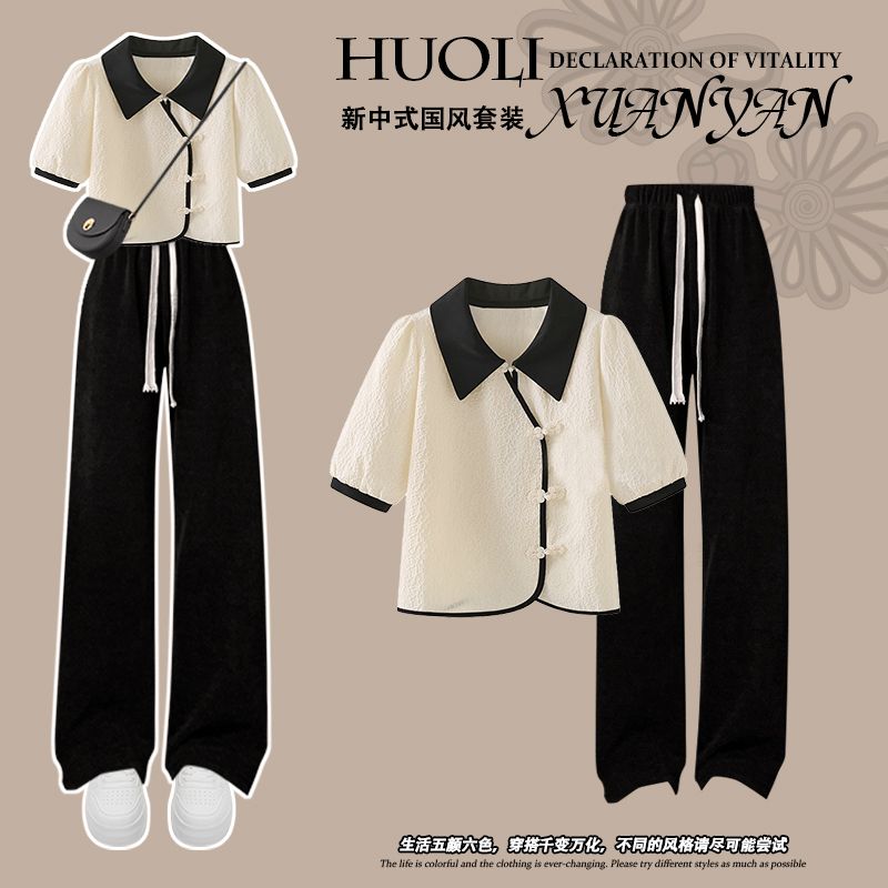 夏季套装女童新款中式国风上衣中大童短袖上衣休闲裤两件套学生款