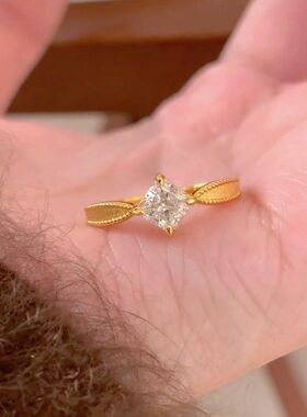 法式vinatger中古公主方钻戒指女复古拉丝高级感雕刻方块高级指环