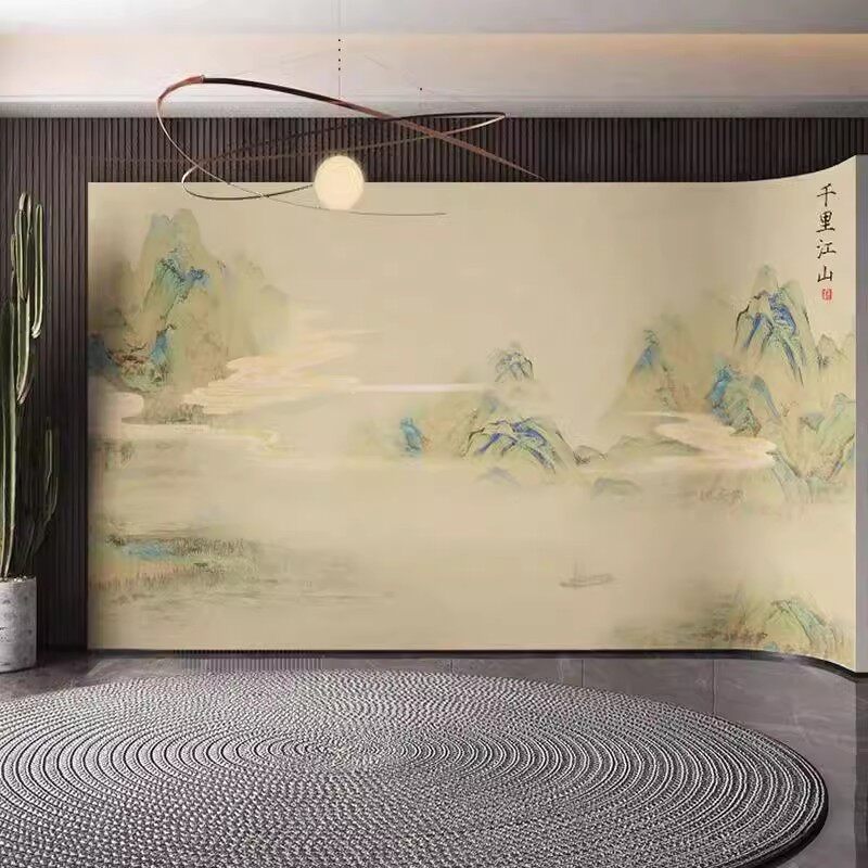 千里江山图新中式山水古风电视背景墙壁纸卧室装修客餐厅墙纸墙布