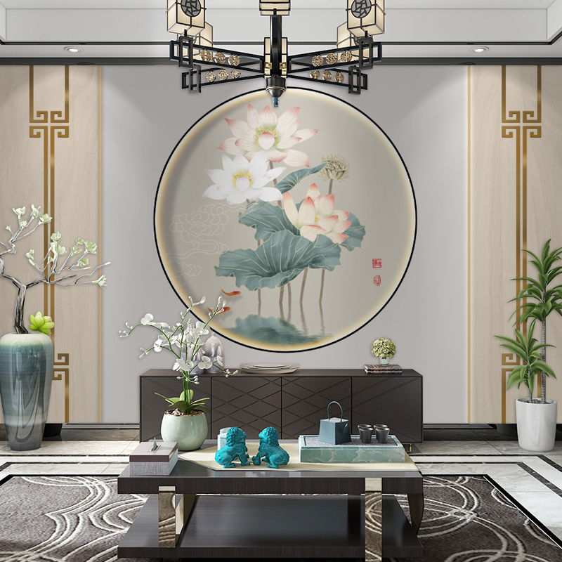 现代仿边框全屋定制电视背景墙3d壁纸无缝定制简约荷花壁画墙纸8d
