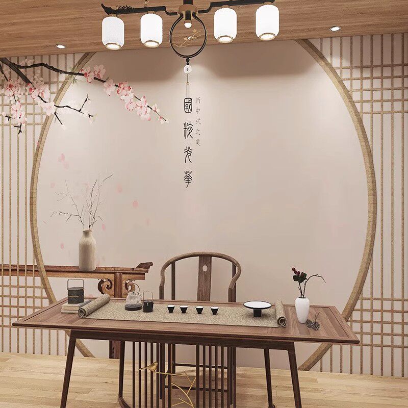 中式古典屏风墙纸古筝茶室养生馆