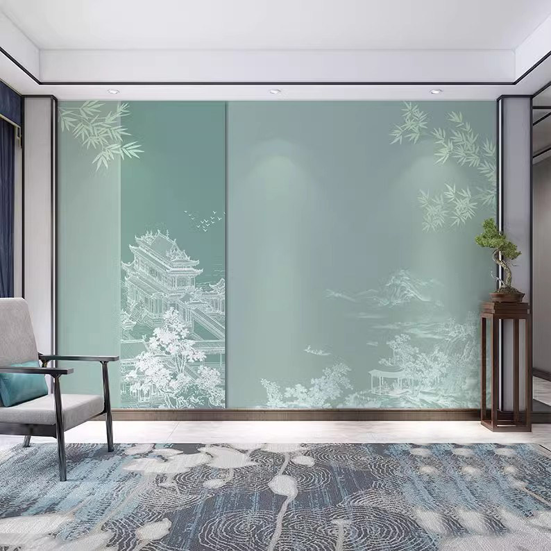 中式山水楼阁客厅沙发背景墙纸壁画书房茶室壁纸古风竹子素雅墙布