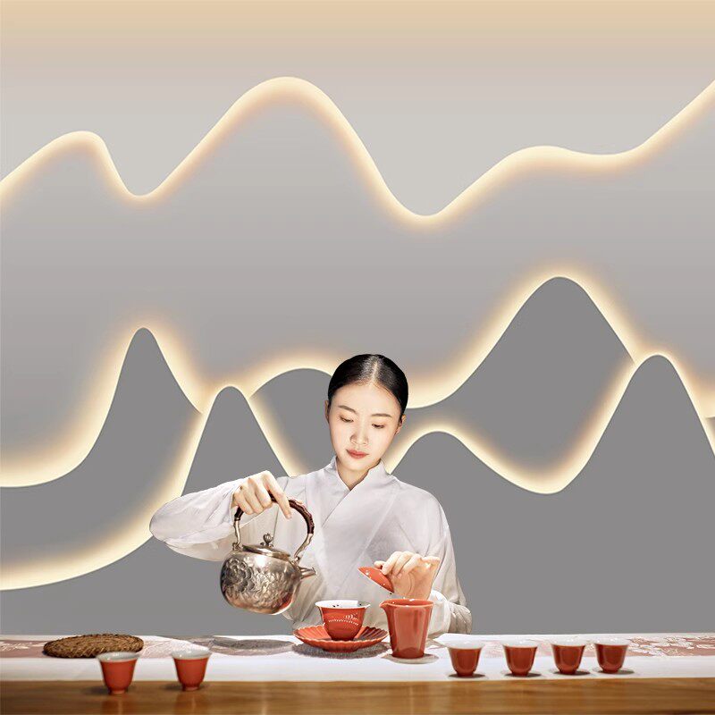 3D立体发光假山背景墙布中式壁纸