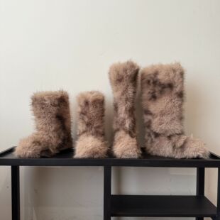 拼色斑纹雪地靴女高筒毛毛靴加绒加厚丑萌厚底棉鞋毛茸茸加厚长靴