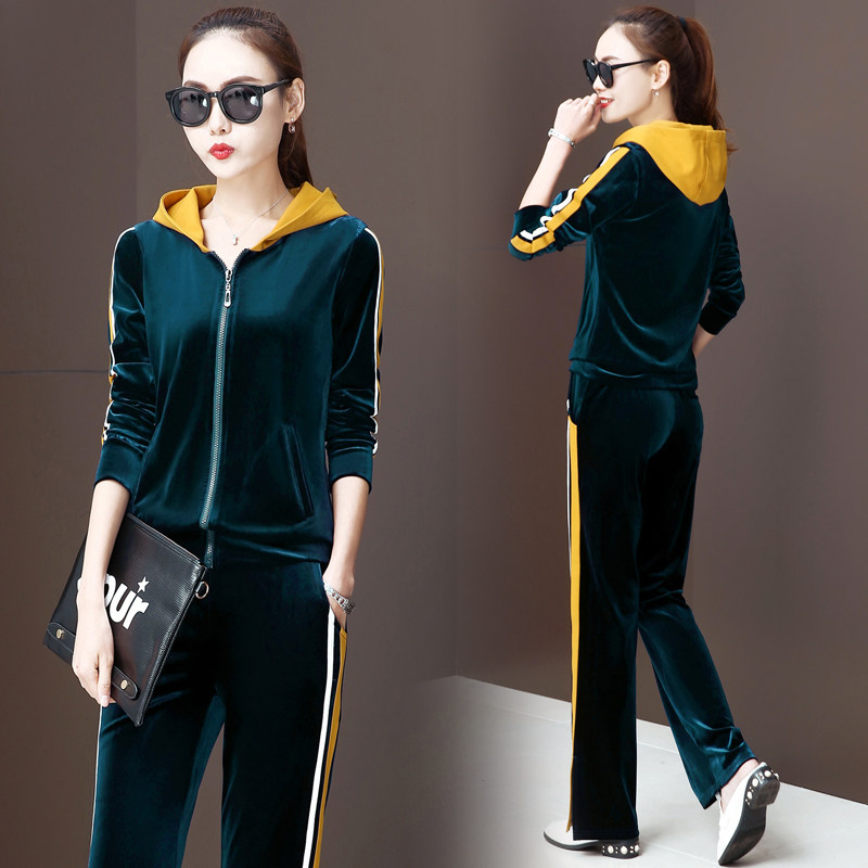 金丝绒阔腿裤运动休闲套装女2020年春季微喇减龄显瘦早春装两件套