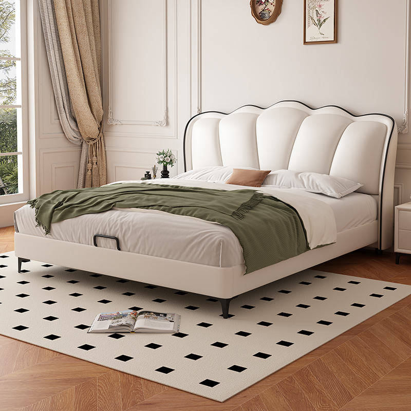 法式复古花瓣真皮床现代简约轻奢主卧双人高端大气奶油风软包婚床