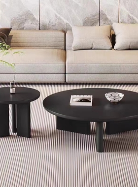 圆形纯实木茶几小户型家用客厅民宿现代北欧简约黑色实木圆桌边几