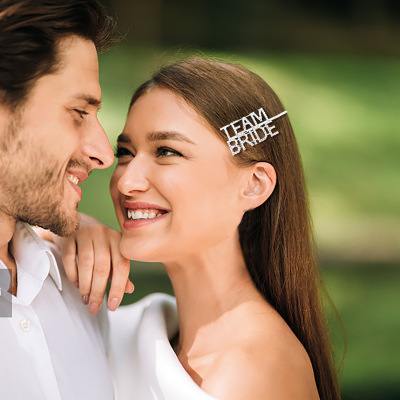 欧美新款时尚合金水钻字母发夹Team bride新娘一字夹边夹婚礼发饰