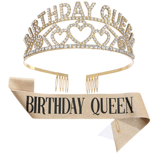 欧美新款BIRTHDAY QUEEN生日女孩皇冠肩带礼仪带腰带派对头饰 发