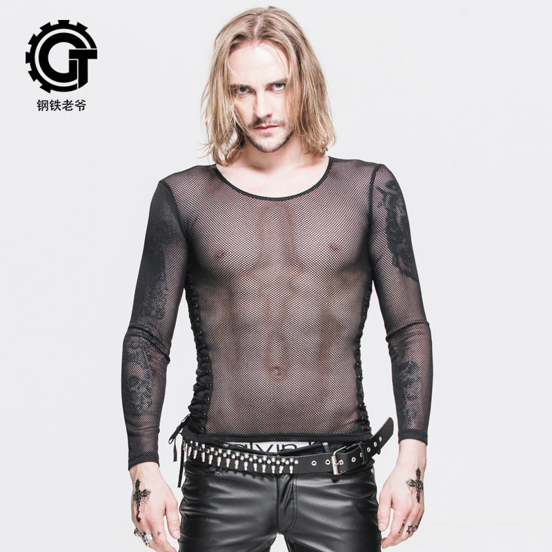 钢铁老爷黑暗系网纱透视性感网洞上衣镂空修身T恤 霸气男装黑社会