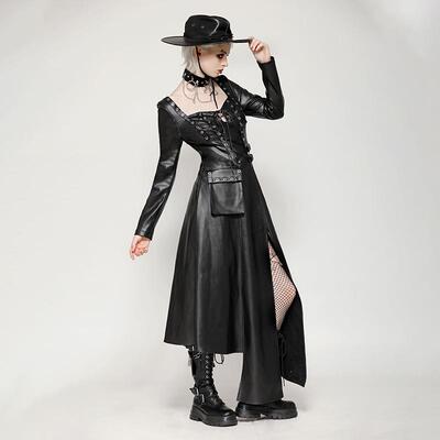 Dark in Love个性原创欧美哥特酷炫皮革朋克不对称连衣裙DW1056