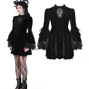 暗黑蕾丝拼接性感丝绒喇叭袖 LOVE哥特女装 连衣裙DW917 DARK