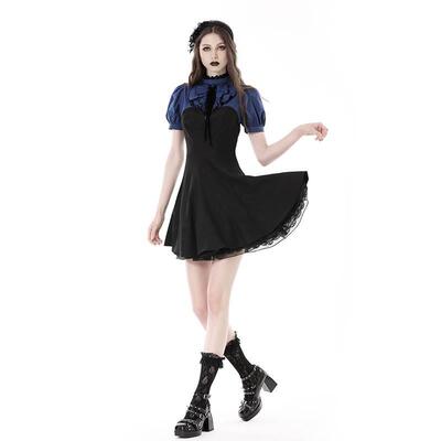 欧美个性原创蓝黑色条纹褶皱领连衣裙