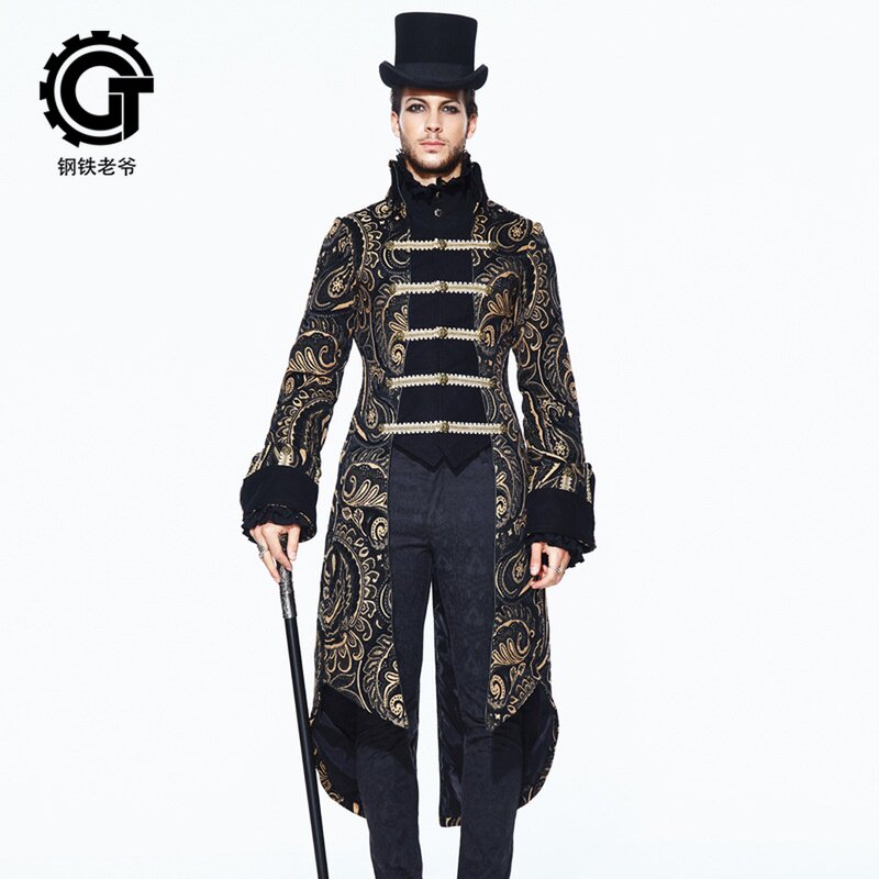 钢铁老爷欧美中世纪复古宫廷哥特男爵黄金龙腾刺绣长款外套礼服