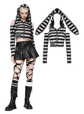 DARK IN LOVE哥特女装 监狱兔条纹露脐上衣 TW558
