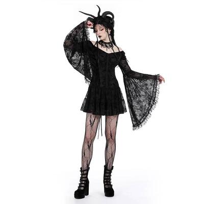 欧美个性原创哥特式黑色刺绣大袖性感梦幻连衣裙DW928