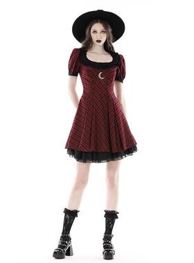 欧美个性原创魔鬼魔月红色格子连衣裙DW840