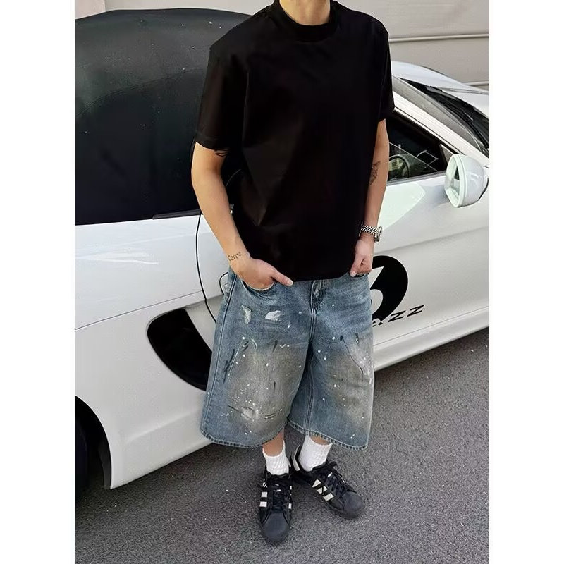小众AC风格平替水洗做旧泼墨破坏印花脏洗简约工装男女牛仔短裤