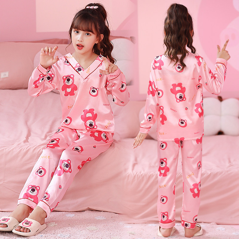 儿童睡衣女童春秋季冰丝薄款长袖空调服女孩睡衣中大童家居服套装