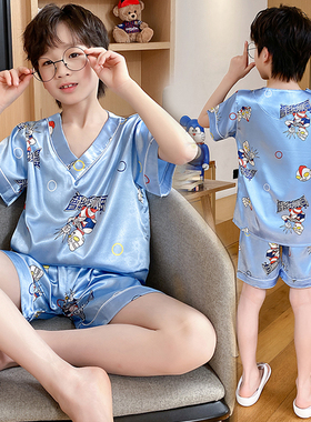 夏季儿童男童睡衣宝宝冰丝薄款短袖套装可爱女孩中大童学生家居服