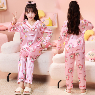 女童睡衣2025新款春秋冰丝儿童夏季薄长袖可爱女孩宝宝家居服套装