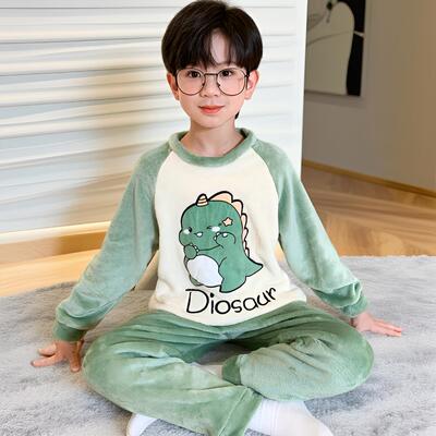 2025新款男童睡衣冬季法兰绒保暖套装儿童青少年男孩珊瑚绒家居服