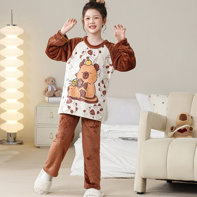 冬款儿童睡衣女童秋冬季珊瑚绒加厚套装2025新款女孩法兰绒家居服
