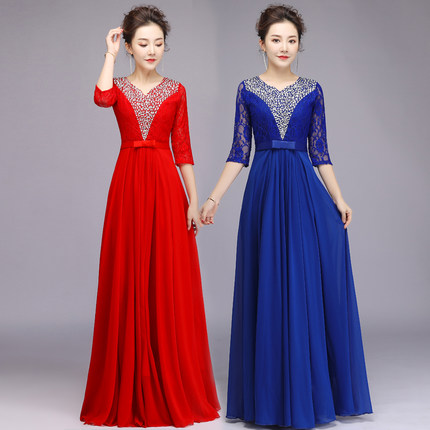 大合唱团演出服女长裙中老年成人合唱礼服连衣裙唱红歌指挥表演服
