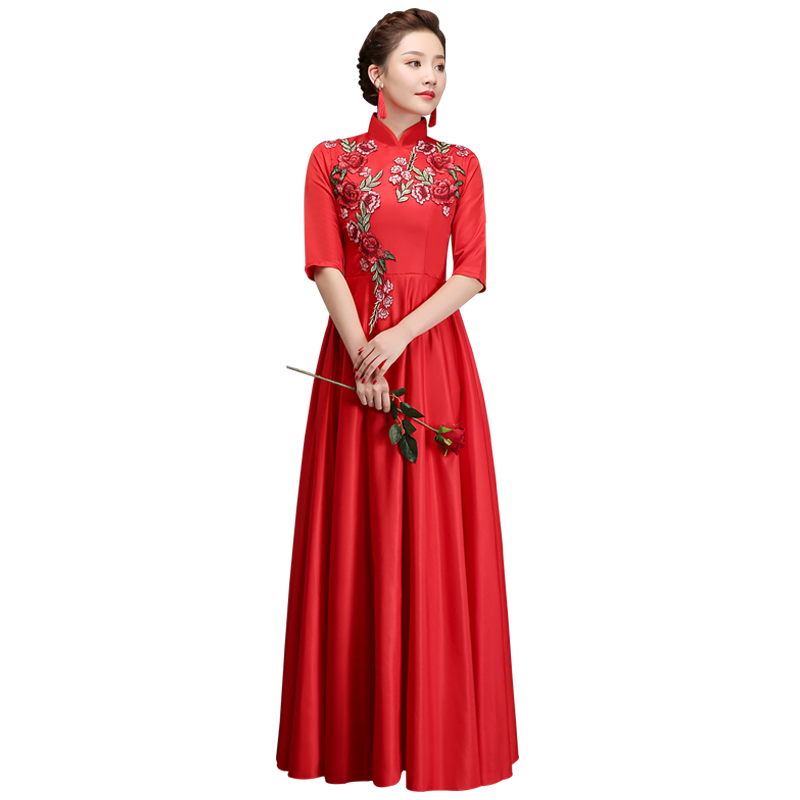 大合唱团演出服女长裙优雅中老年唱红歌舞台连衣裙修身晚礼服新款