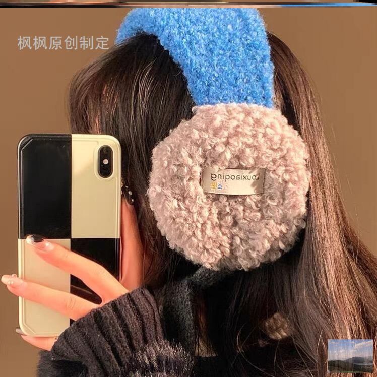 可爱撞色毛绒耳套女款冬季加厚保暖耳套耳罩蓝色圆形耳暖护耳神器