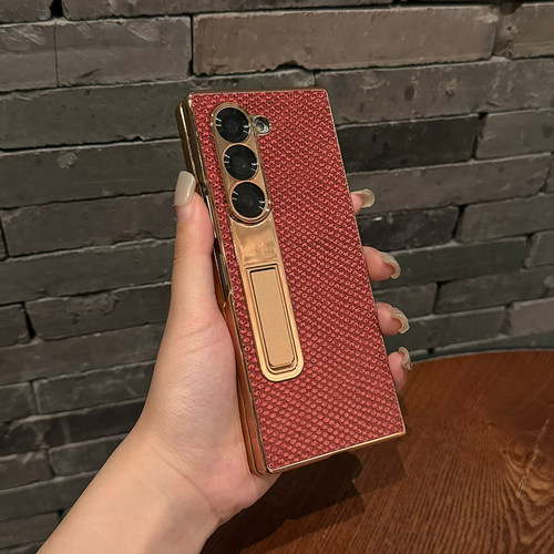 适用于w24折叠屏壳Galaxy Z Fold5鎏金边真皮保护套w23沙蛇皮纹w22防窥壳膜一体fold6男女fold7外壳