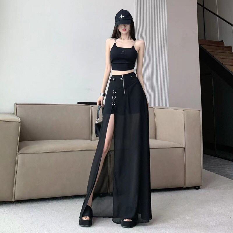 暗黑辣妹金属短裤拼接网纱半裙女2024夏爆款高腰显瘦开叉垂感长裙